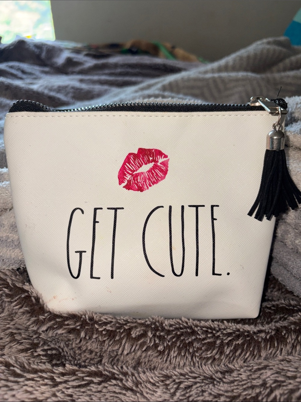 Rae Dunn White Cosmetic Pouch with Pink Lip Print and Black Tassel